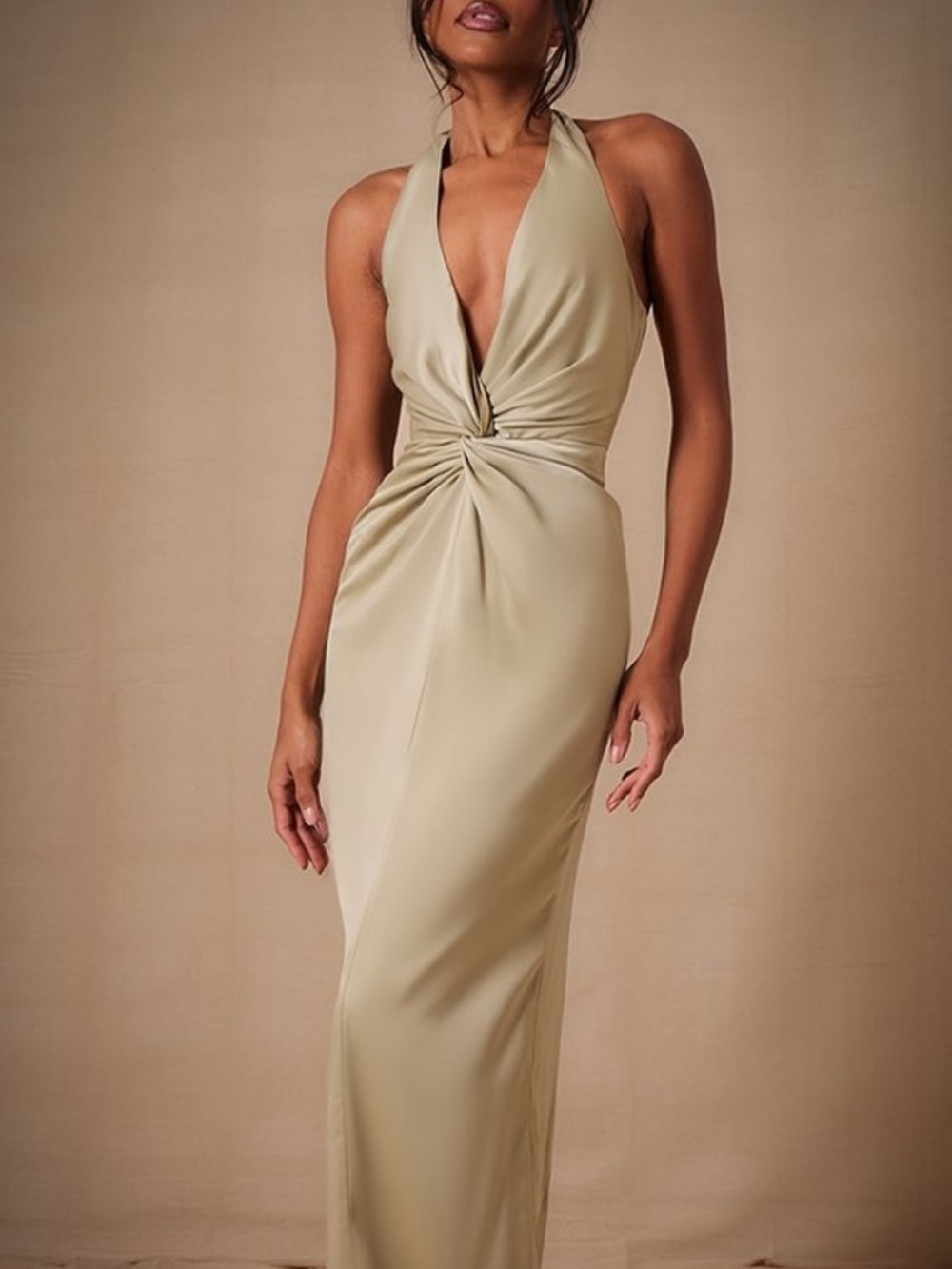 Satin twist halter neck tea-length bridesmaid dress